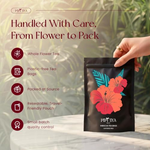 PiPi Tea Organic Hibiscus Tea Bags 30 Count Pack, Caffeine-Free Herbal Tea for Heart & Wellness