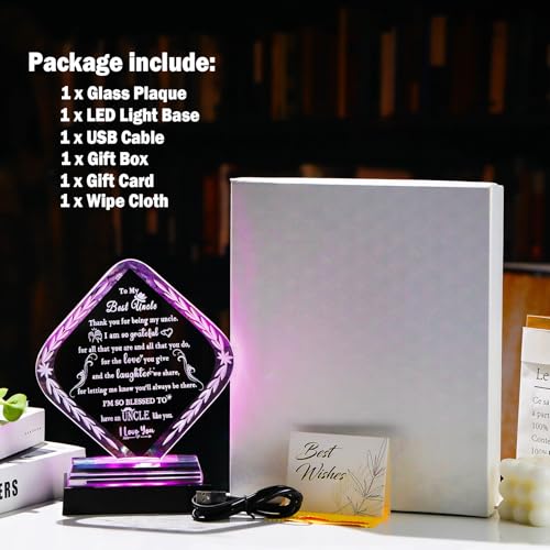 Personalized Uncle Crystal Plaque Gift from Niece & Nephew - Heartfelt Decorative Award with LED Light Base