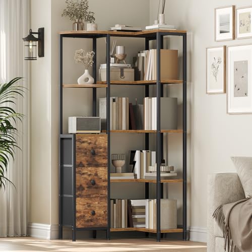 YATINEY Rustic Brown & Black 5-Tier Corner L-Shaped Bookshelf with Fabric Drawers