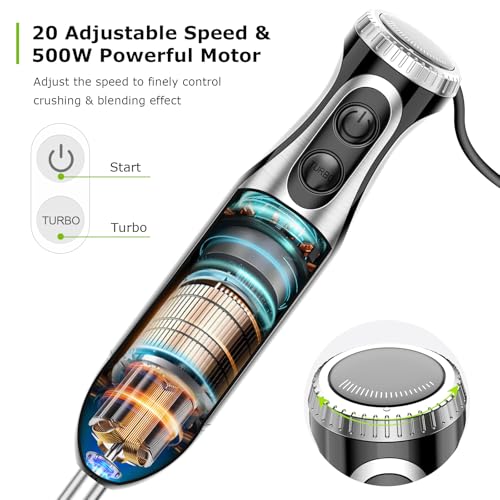 Bonsenkitchen 4-in-1 Immersion Blender with Food Processor & 3 Attachments - 20 Speeds & Turbo Mode