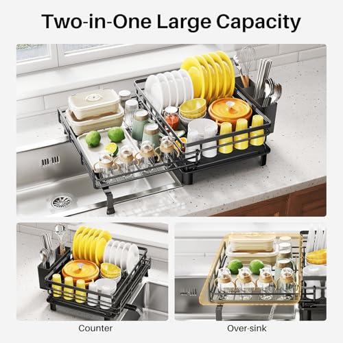 Expandable Dish Drying Rack for Kitchen Counter - Black - Over Sink, Rustproof Steel