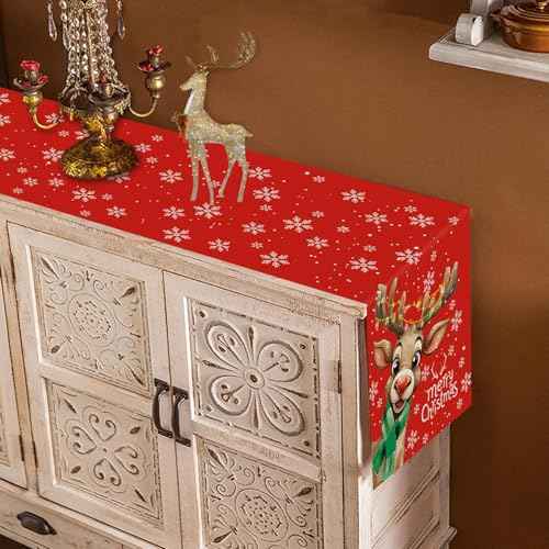 Merry Christmas Table Runner Reindeer Snowflake Red Runner Winter Xmas Home Party Kitchen Dining Table Indoor Outdoor Decorations 13x72 Inch