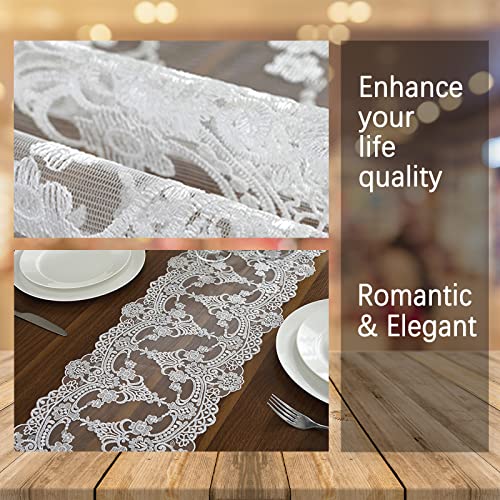 Jeloris White Lace Table Runner Dresser Scarf Macrame Floral Embroidered 12x82 in