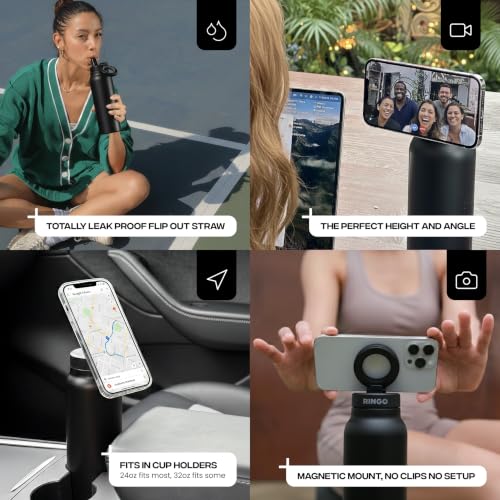 Insulated Water Bottle with Magnetic Phone Mount - 24 oz Black