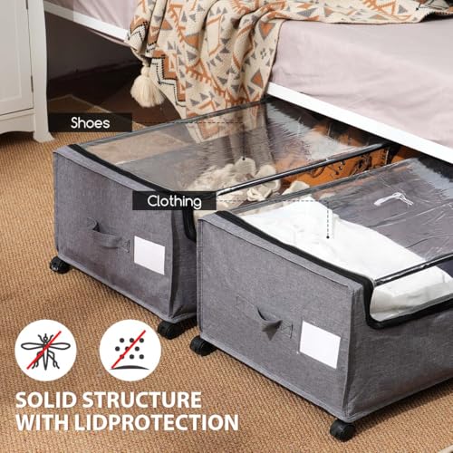 Grey 4-Pack Under Bed Storage Drawers with Lockable Wheels - Heavy Duty, Clear Lid