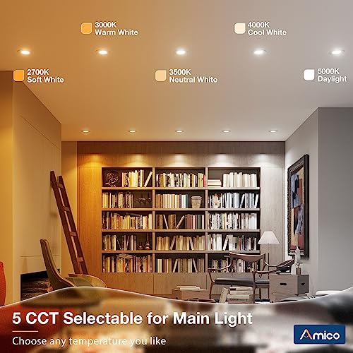 Amico 12 Pack 6-Inch 5CCT LED Recessed Downlights with Night Light - Adjustable Color