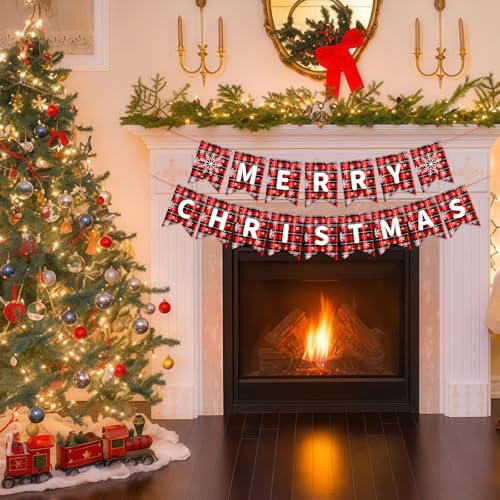 Merry Christmas Banner Decorations, Pre-Strung Red Black Buffalo