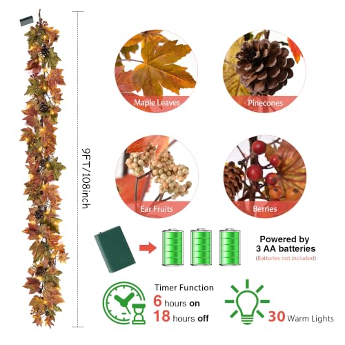Autumn Maple Leaf Garland 9 Ft with 30 Warm Lights Fall Decor for Mantel & Outdoors