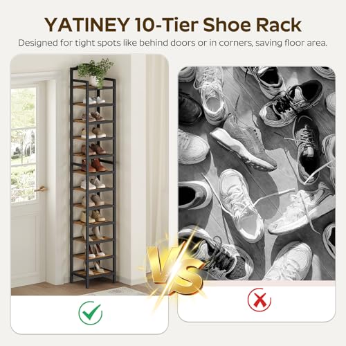 12-Tier Tall Wooden Shoe Rack - Space Saving Vertical Organizer, Rustic Brown & Black, 11x11x85.8 Inches