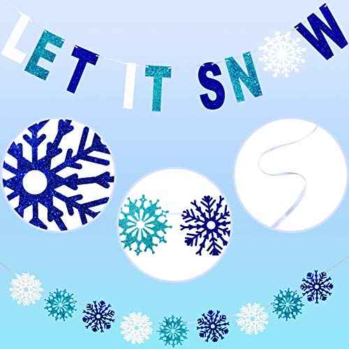 Outus 3 Pieces Let It Snow Banner, Glitter Winter Snowflake Garland Banner, Snowflake Hanging Ornaments for Christmas Holiday Party Decorations New Year Festive Party Supplies (Blue,White)
