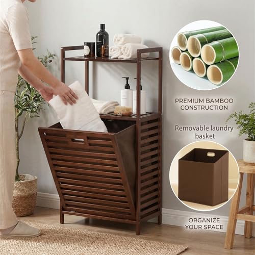 Brown 2-Tier Tilt-Out Bamboo Laundry Hamper with Storage Shelf - Foldable