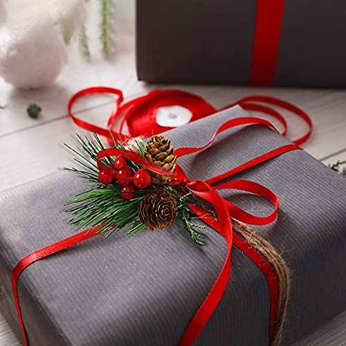 QLINLEAF Christmas Red Berry Stem Floral Pine Cone Artificial Branch Evergreen Decoration - 12 Pieces for DIY Holiday Crafts and Garland