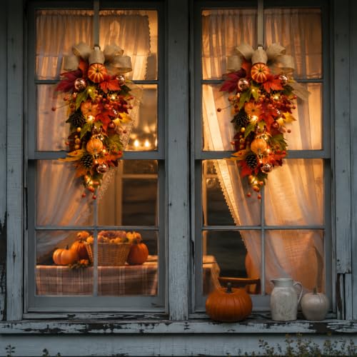 24-Inch Pre-Lit Fall Teardrop Swag with 15 Warm LED Lights & Timer, Autumn Door Decor