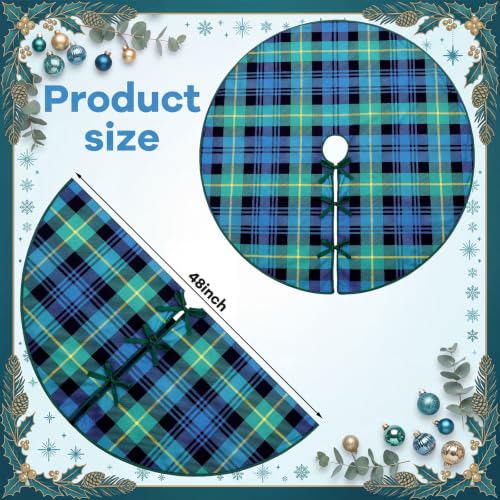 Poen 48 Inch Blue Green Tartan Plaid Christmas Tree Skirt - Festive Holiday Decor