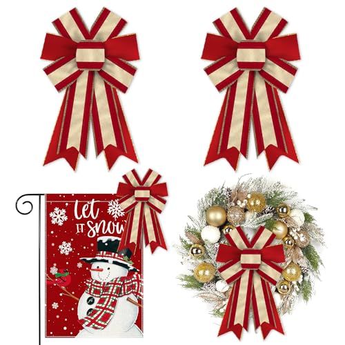 Stripe Christmas Wreath Bows - Red & Gold 2pc Burlap Linen Holiday Decor
