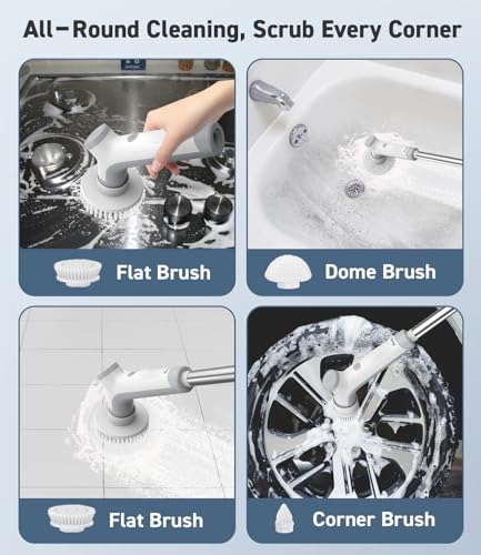 Electric Spin Scrubber Cordless Shower Cleaner with Extensible Handle - White