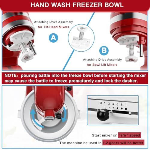 Akiosk 2 Qt Ice Cream Maker Attachment for KitchenAid Stand Mixer - Compatible with 4.5/5QT & 6QT Models, Yogurt & Sorbet
