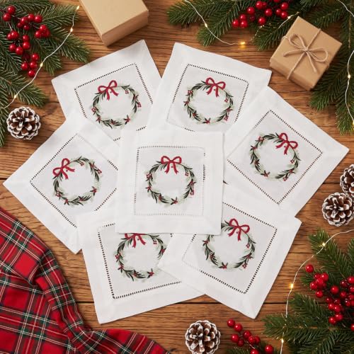 Moukeren 6 Pack Linen Christmas Cocktail Napkins with Hemstitch - Xmas Wreath Design