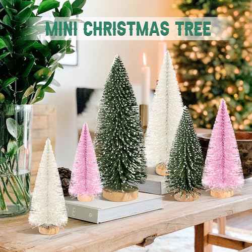 6pcs Mini Christmas Trees Christmas Decor, Artificial Christmas Mini Bottle Brush Trees Tabletop, Christmas Decoration Trees with 4 Size Xmas Holiday Decor (6pcs Green+Pink+Beige)