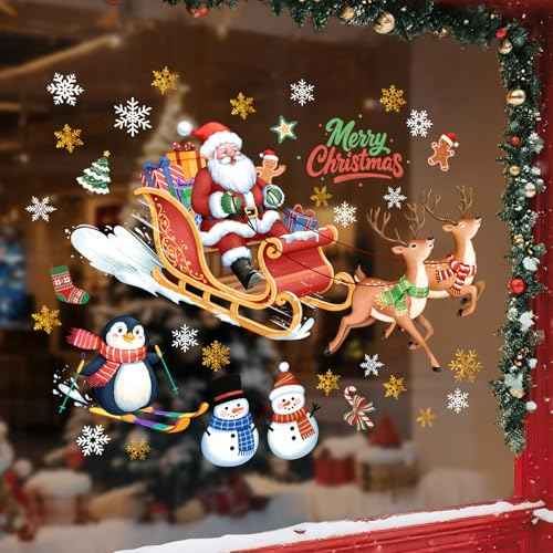 Christmas Window Clings Decoration, Santa Sleigh Reindeer Snowman Reusable No Glue Stickers Xmas Decals Christmas Decorations for Window Glass Party Supplies