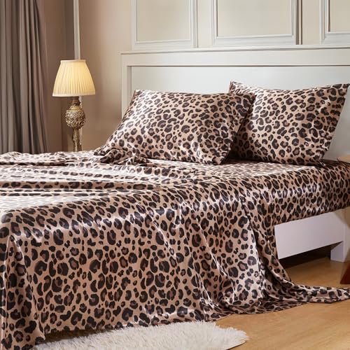 MR&HM Satin Bed Sheets Queen Size with Elastic Corner Straps - Brown Leopard