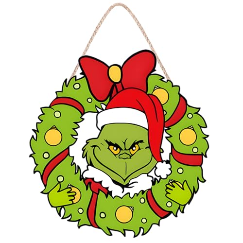 Christmas Door Sign Xmas Decorations - Merry Christmas Tree Ornaments Wall Decor - Wooden Door Hanging Green Wreath for Xmas Decorations Indoor Outdoor Party Supplies