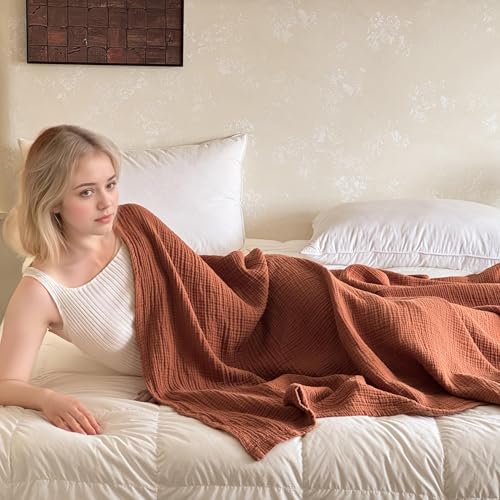 Cotton Muslin Blanket Queen Size Reversible 4-Layer Gauze Bedspread for All-Season Comfort - Rust Orange