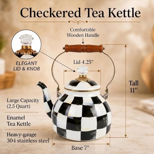 Checkered Black and White Tea Kettle - 2.5 Quart Stovetop Enamel Teapot with Wooden Handle