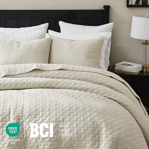 Palassio Beige 100% Cotton Quilt Set Queen Size with Pillow Shams - Lightweight Textured Bedspread, All-Season Comfort, 3 Pieces (Block-Beige / Queen 90"x96")