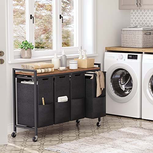 Rustic Brown & Black 4-Section Laundry Sorter with Wheels - 42 Gal