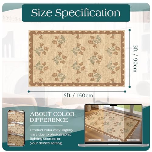 Othilic Floral Entry Rug - 3x5 Washable Indoor Outdoor Doormat with Scalloped Edges - Wheat/Tan/Sage, Boho Style
