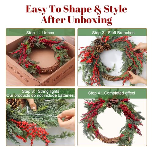 Yinder 20-Inch Red Berry LED Wreath with Rattan and Pinecones