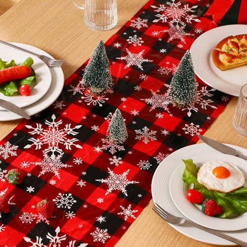 6 Pcs Christmas Winter Snowflake Table Runners, Buffalo Plaid