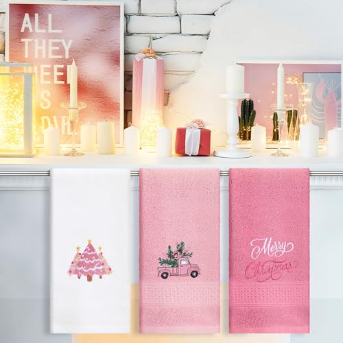 Pink Christmas Hand Towels Set - 3 Embroidered Holiday Bathroom & Kitchen Decor, Merry Christmas & Light Pink Variation