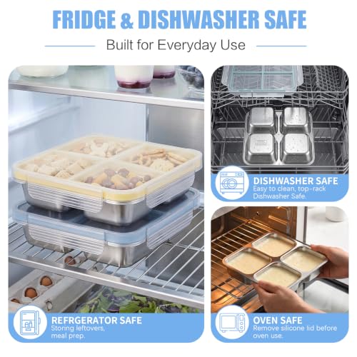 KEABOX 4-Pack Stainless Steel Snack Containers with 4 Compartments, Leak-Proof, 3 Cups Capacity