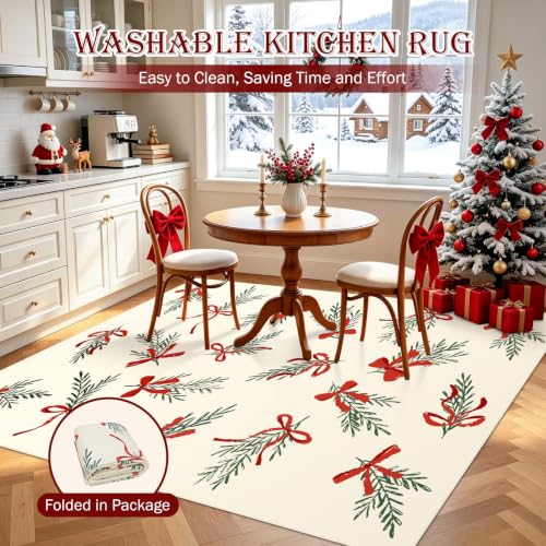 nesrt Christmas Washable Area Rug 5x7ft Beige - Holiday Floor Mat for Living Room & Bedroom