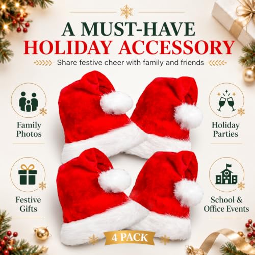 COOLJOY 4 Pack Plush Santa Hats - Adult & Kids Christmas Party Hats