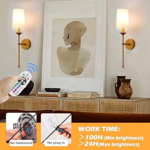 PASSICA DECOR Antique Brass Wireless Battery Wall Sconce Set of 2 with Remote, Dimmable RGB & Timer