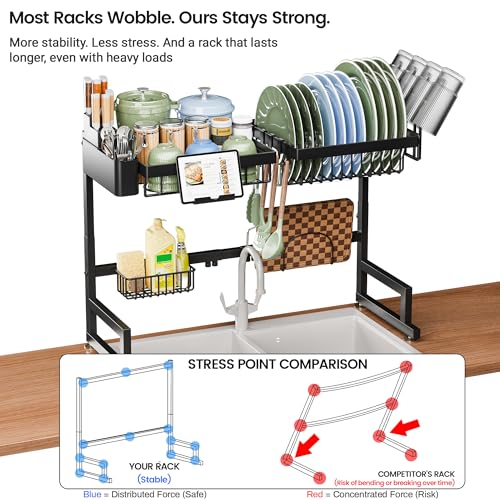 Black Over The Sink Dish Drying Rack 22.6-35.5" Expandable 2-Tier Kitchen Organizer