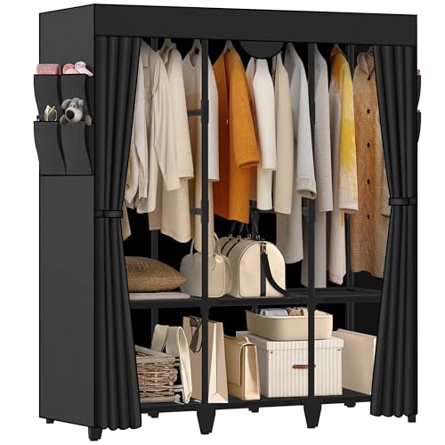 Jofuler 50 Inch Portable Wardrobe Closet with Cover & Storage, Black