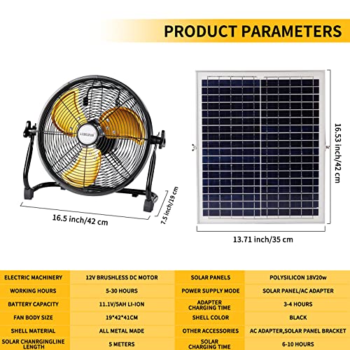 12-Inch Solar Powered Outdoor Fan for Camping, Shed & Home - Black, 5-24H Run Time