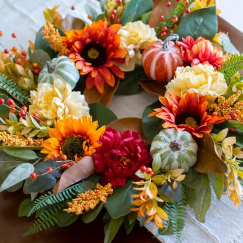 Autumn Magnolia Wreath with Peony & Sunflower - Fall Front Door Decor, 24 Inch - Cream Variation