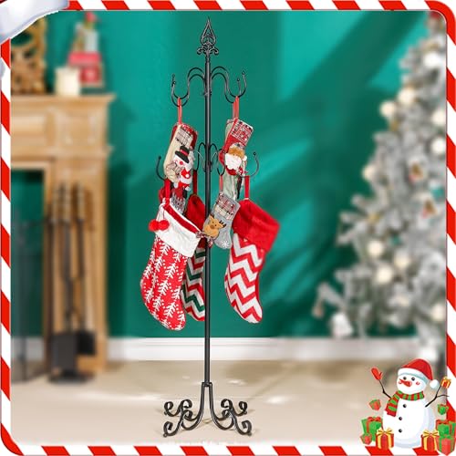 56-Inch Black Metal Christmas Stocking Holder Stand with 8 Adjustable Hooks