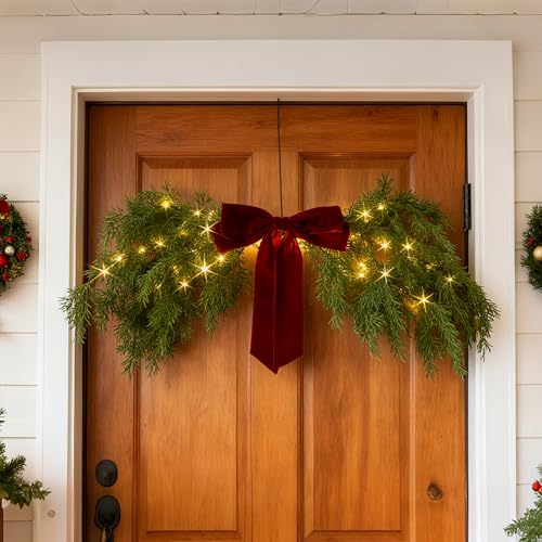 Battery-Operated Lighted Christmas Swag with Timer, Cedar Pine 32in Decor with Fairy Lights & Red Bow