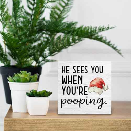 Funny Christmas Bathroom Wooden Box Signs, Christmas Bathroom Decorations, Funny Bathroom Decor, He Sees You When You're Pooping Wooden Signs for Bathroom Restroom Shelf Counter Decor, 5x5in