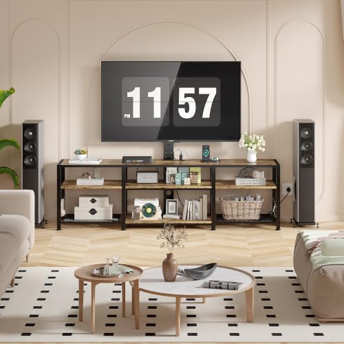 VECELO 63-inch TV Stand with Mount, Power Outlets & Open Shelves, Rustic Wood & Metal Frame