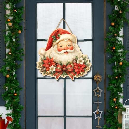 Christmas Santa Door Hanger Vintage Wooden Welcome Sign - Red