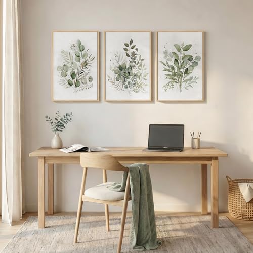 Sage Green Botanical Wall Art Set - Framed Canvas, 3 Pieces, 16x24 Inches, Modern Home Decor