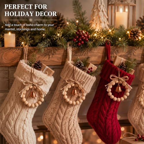 Hollowfly 6-Pack Boho Wood Bead Christmas Wreath Ornaments with Bell
