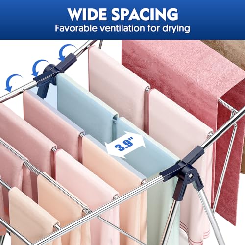 Blue Large Stainless Steel Clothes Drying Rack with 2 Wings - Adjustable & Foldable